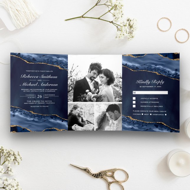 Navy Blue and Gold Agate Photo Collage Wedding Tri-Fold Invitation (Creator Uploaded)
