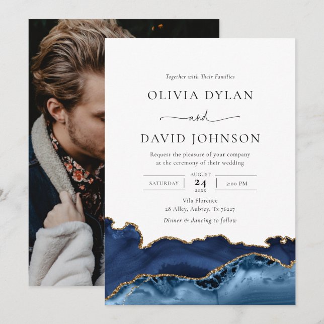 Navy Blue and Gold Agate Photo Wedding Invitation (Front/Back)