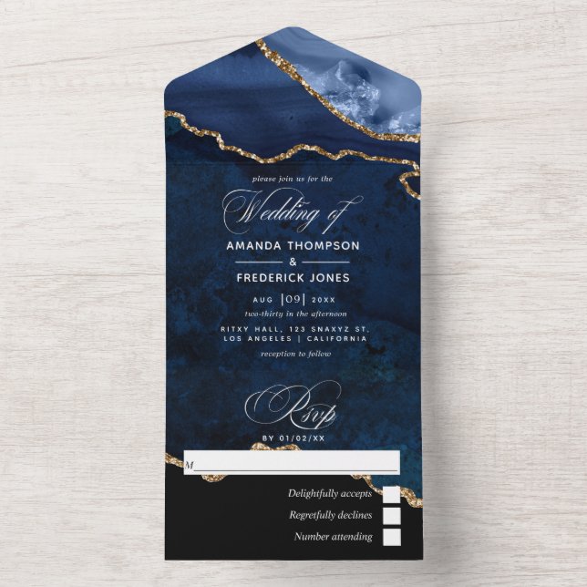 Navy Blue and Gold Agate Wedding All In One Invitation (Inside)