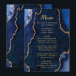Navy Blue and Gold Agate Wedding Menu<br><div class="desc">Display your meal selections in style with this elegant wedding menu featuring a navy blue agate marble design accented with gold details. The geode-inspired background creates a sophisticated look, perfect for fall and winter weddings, formal celebrations, or evening events. Designed to coordinate with your wedding stationery suite, this menu is...</div>