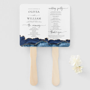 Navy Blue and Gold Agate Wedding Program Hand Fan