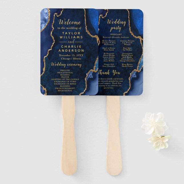 Navy Blue and Gold Agate Wedding Program Hand Fan (Front and Back)