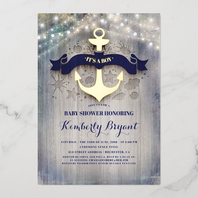 Navy Blue and Gold Anchor Rustic Beach Baby Shower (Front)