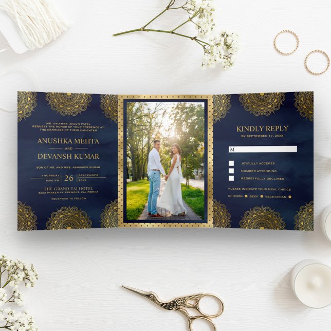 Navy Blue and Gold Asian Mandala Indian Wedding Tri-Fold Invitation (Creator Uploaded)