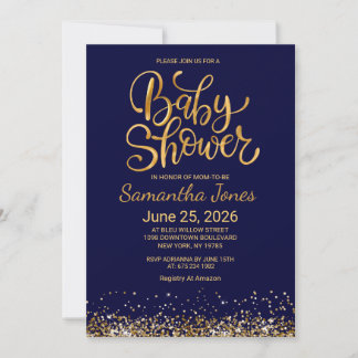 Navy Blue and Gold Baby Shower Invitation