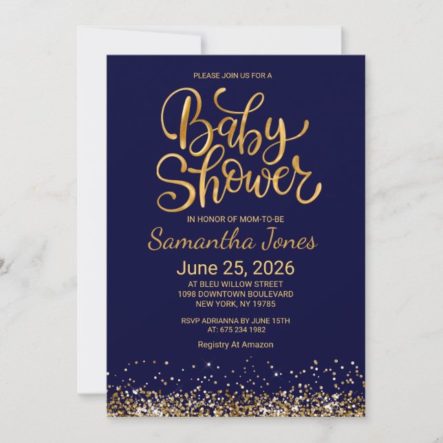Navy Blue and Gold Baby Shower Invitation (Devant)
