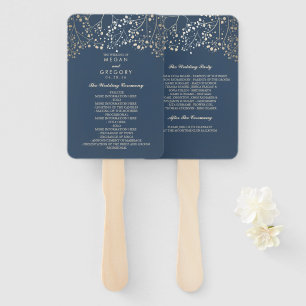 Navy Blue and Gold   Baby's Breath Wedding Program Hand Fan