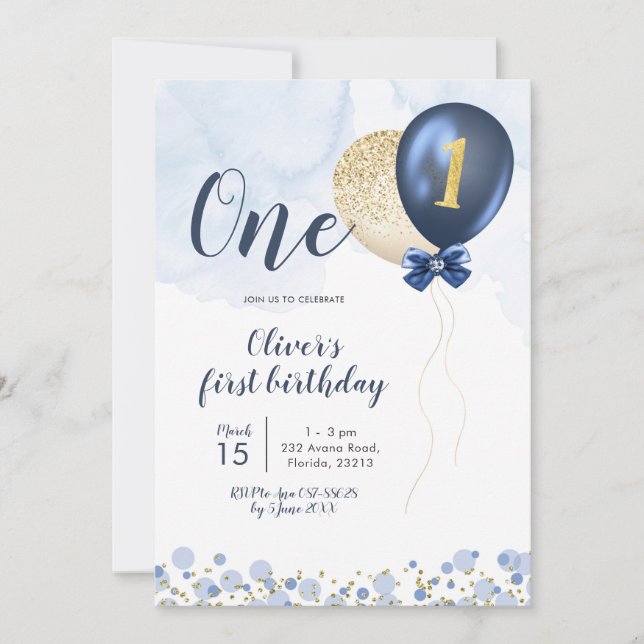 Navy Blue and Gold Balloon Boy First Birthday  Inv Invitation (Front)