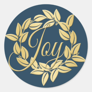 Navy Blue and Gold Bay Leaf Joy Wreath Classic Round Sticker