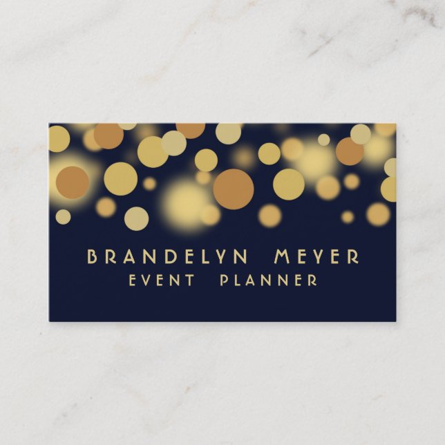 Navy Blue and Gold Bokeh Dots Business Card (Front)
