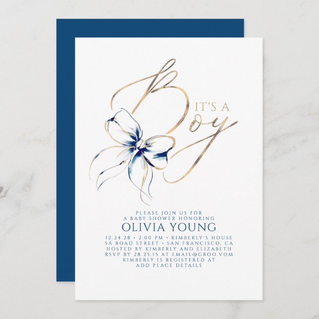 Navy Blue and Gold Bow Boy Baby Shower Invitation (Front/Back)