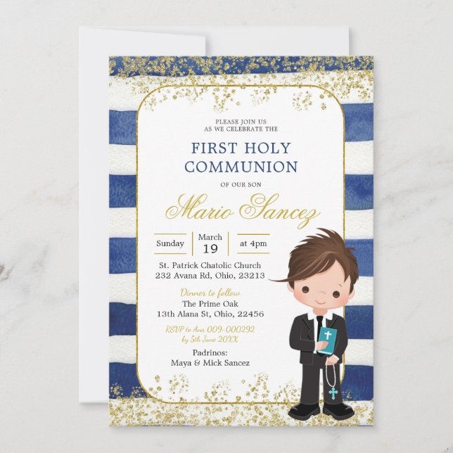Navy Blue and Gold Boy First Holy Communion Invitation (Front)