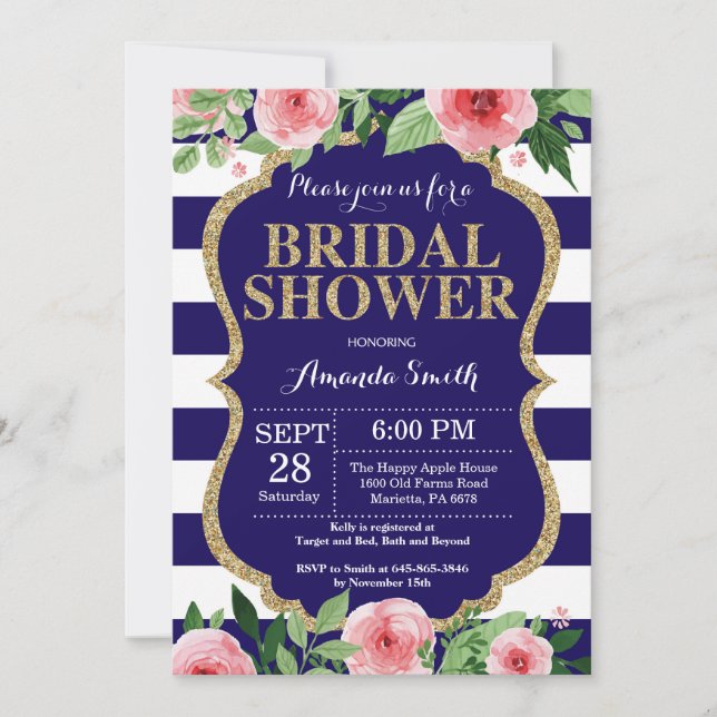 Navy Blue and Gold Bridal Shower Invitation Floral (Front)