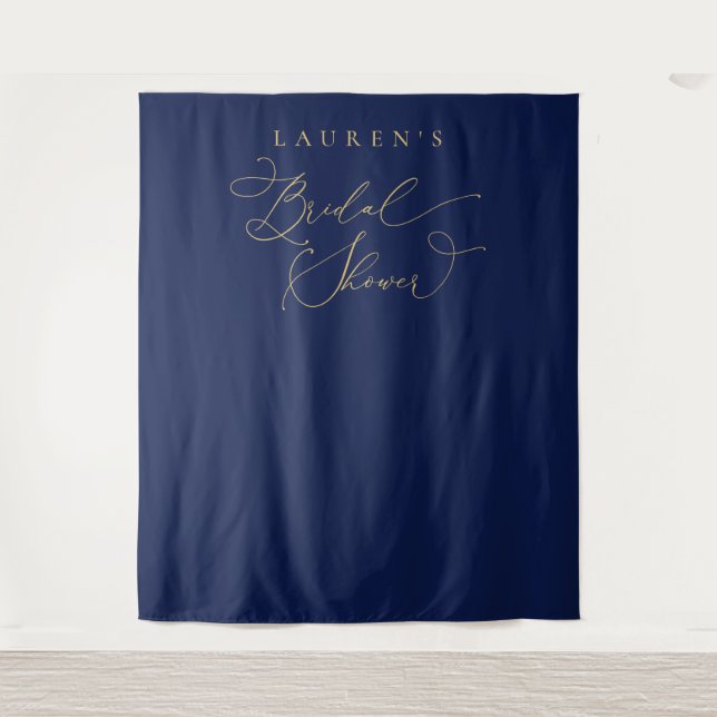 Navy Blue and Gold Bridal Shower Photo Backdrop Tapestry (Front)