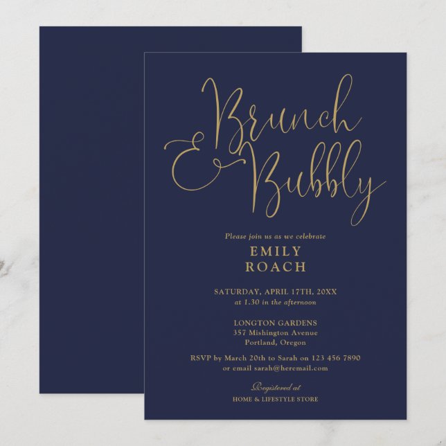 Navy Blue And Gold Brunch And Bubbly Bridal Shower Invitation (Front/Back)