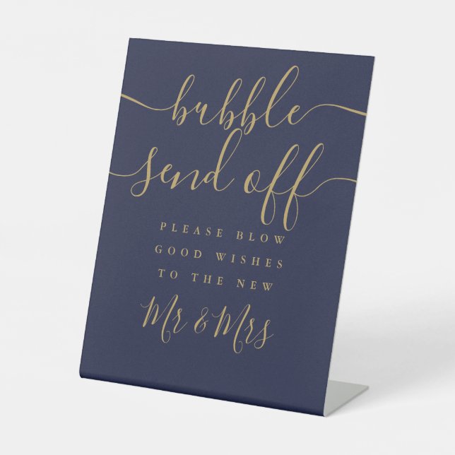 Navy Blue And Gold Bubble Send Off Chic Script Pedestal Sign (Front)