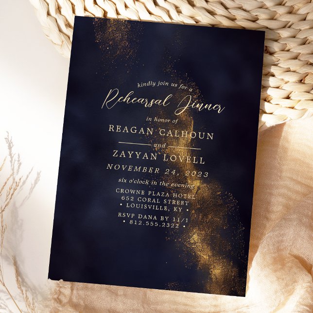 Navy Blue And Gold Calligraphy Rehearsal Dinner Invitation (Creator Uploaded)