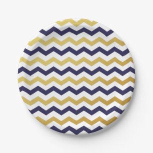 Navy Blue and Gold Chevron Pattern Paper Plates
