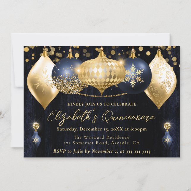 Navy Blue and Gold Christmas Baubles Quinceanera Invitation (Front)