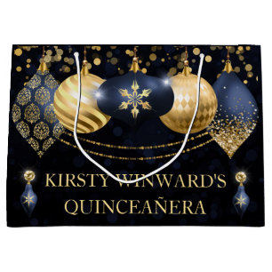 Navy Blue and Gold Christmas Baubles Quinceanera Large Gift Bag