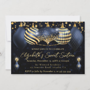 Navy Blue and Gold Christmas Baubles Sweet 16 Invitation