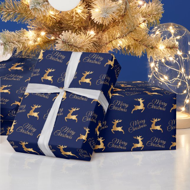 Navy Blue and Gold Christmas Reindeers Wrapping Paper (Holidays)