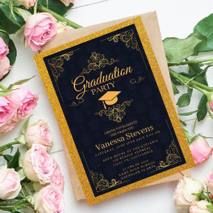 Navy Blue And Gold Classic Graduation Cap Party  Invitation