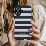 Navy Blue and Gold Classic Stripes Monogram iPhone 16 Case<br><div class="desc">Protect your phone in style with this classic preppy striped iPhone case, featuring a timeless stripe pattern and a personalized name or monogram for a sophisticated touch. Choose from a variety of colours and fonts to match your aesthetic, whether you prefer bold, pastel, or neutral tones. Designed for durability and...</div>