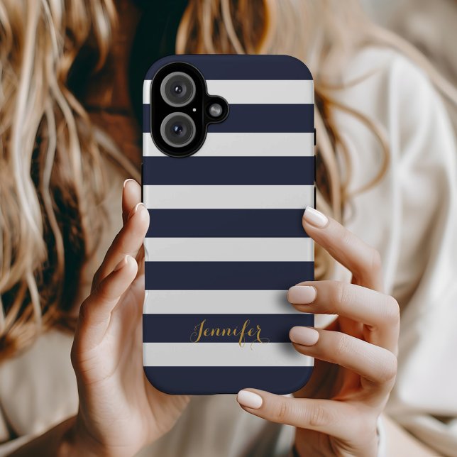Navy Blue and Gold Classic Stripes Monogram Case-Mate iPhone Case (Creator Uploaded)