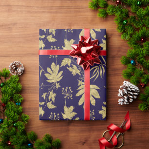 Navy Blue and Gold Coloured Plants and Leaves Wrapping Paper