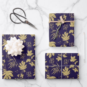 Navy Blue and Gold Coloured Plants and Leaves Wrapping Paper Sheet