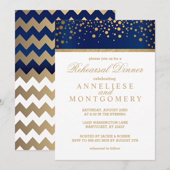 Navy Blue and Gold Confetti Dot - Rehearsal Dinner Invitation (Front/Back)