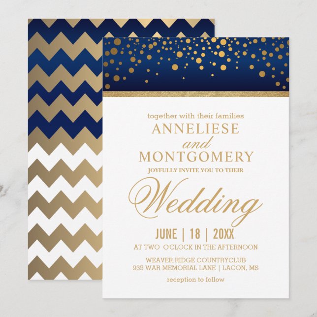 Navy Blue and Gold Confetti Dots - Invitation (Front/Back)