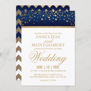 Navy Blue and Gold Confetti Dots - Invitation