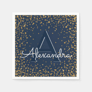Navy Blue and Gold Confetti Monogram Birthday Napkin