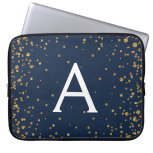 Navy Blue and Gold Confetti Monogram Laptop Sleeve