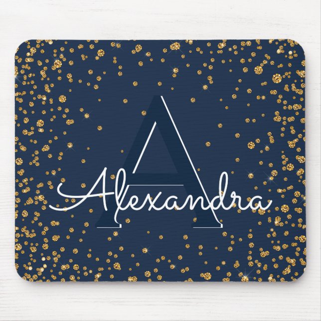 Navy Blue and Gold Confetti Monogram Name Mouse Pad (Front)