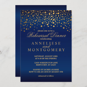 Navy Blue and Gold Confetti Rehearsal Dinner Invitation
