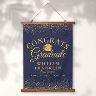 Navy Blue And Gold Congrats Graduate Graduation Hanging Tapestry