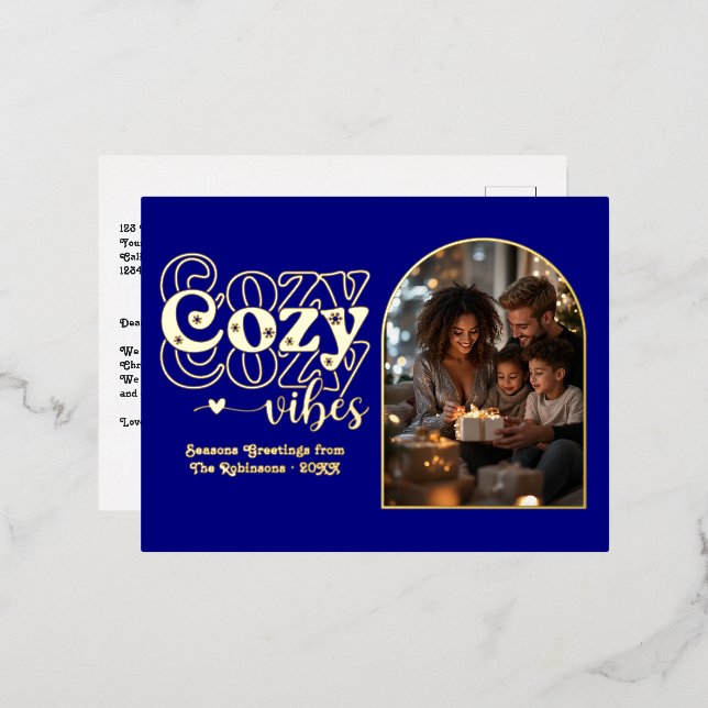 Navy Blue and Gold Cozy Vibes Retro Christmas Foil Holiday Postcard (Front/Back)