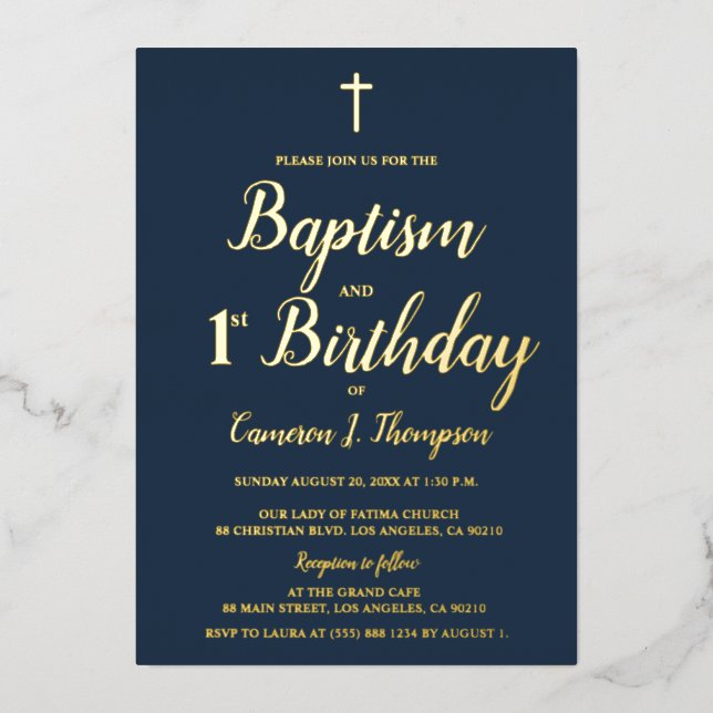 Navy blue and gold cross Baptism and 1st birthday Foil Holiday Card (Front)