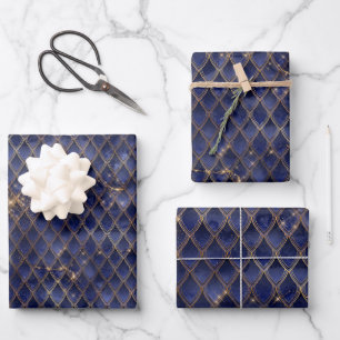Navy Blue and Gold Dragon Scales Wrapping Paper Sheet