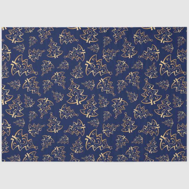 Navy Blue and Gold Elegant Christmas Trees Tissue Paper (Front)