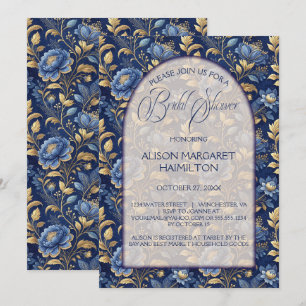 Navy Blue and Gold Elegant Floral Bridal Shower   Invitation