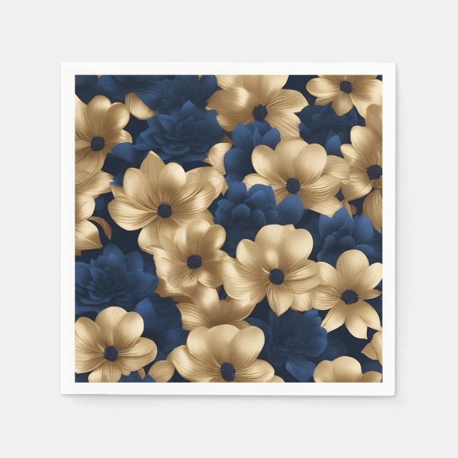 Navy Blue And Gold Elegant Floral Napkin (Front)