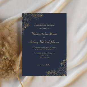 Navy Blue and Gold Elegant Floral Wedding Invitation