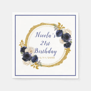 Navy Blue and Gold Elegant Flowers Birthday Party Napkin