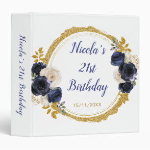 Navy Blue and Gold Elegant Flowers Birthday Photo Binder