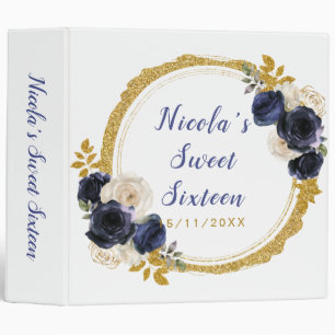 Navy Blue and Gold Elegant Flowers Sweet Sixteen Binder