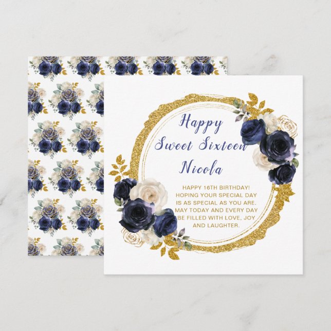 Navy Blue and Gold Elegant Flowers Sweet Sixteen Card (Front/Back)